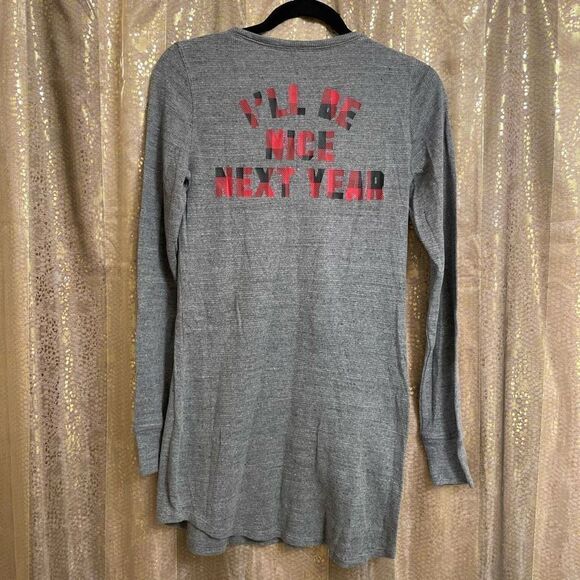 PINK Victorias Secret Gray Plaid Ill Be Nice Next Year Henley Waffle Pajama Top, - Picture 1 of 5